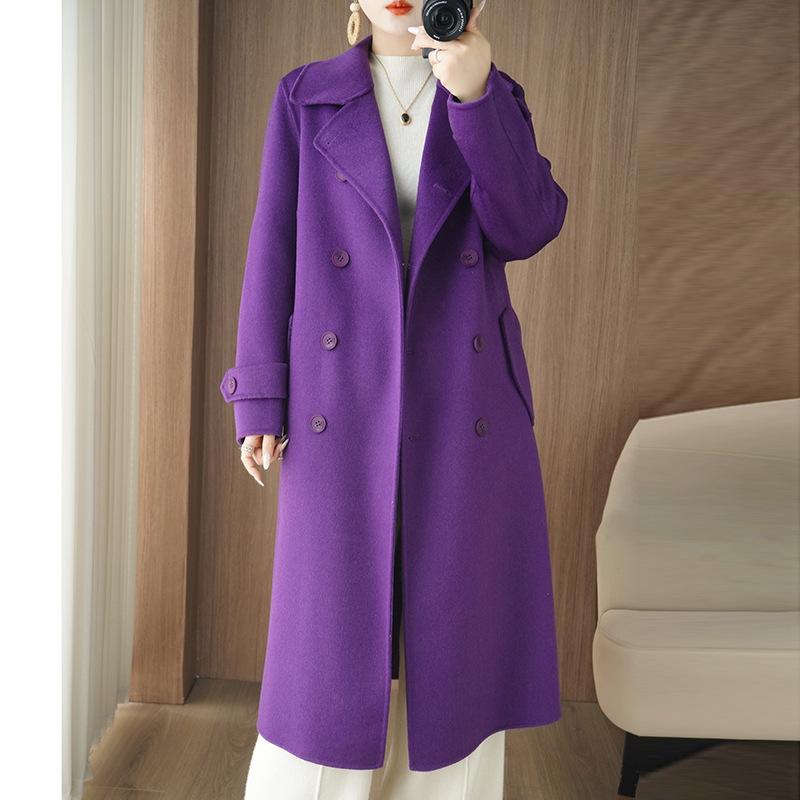 2025 A/W Women's Slimming Double-Faced Cashmere Coat - Korean Style Double-Breasted Wool Overcoat with Suit Collar