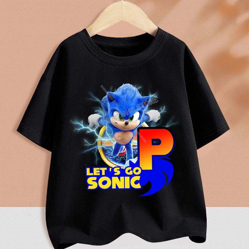 Sonics T-shirt for Children Cartoon A-Z Letter Tee Top Round Collar Clothing Summer Short Sleeve Kids Anime Partern Clothes Gift
