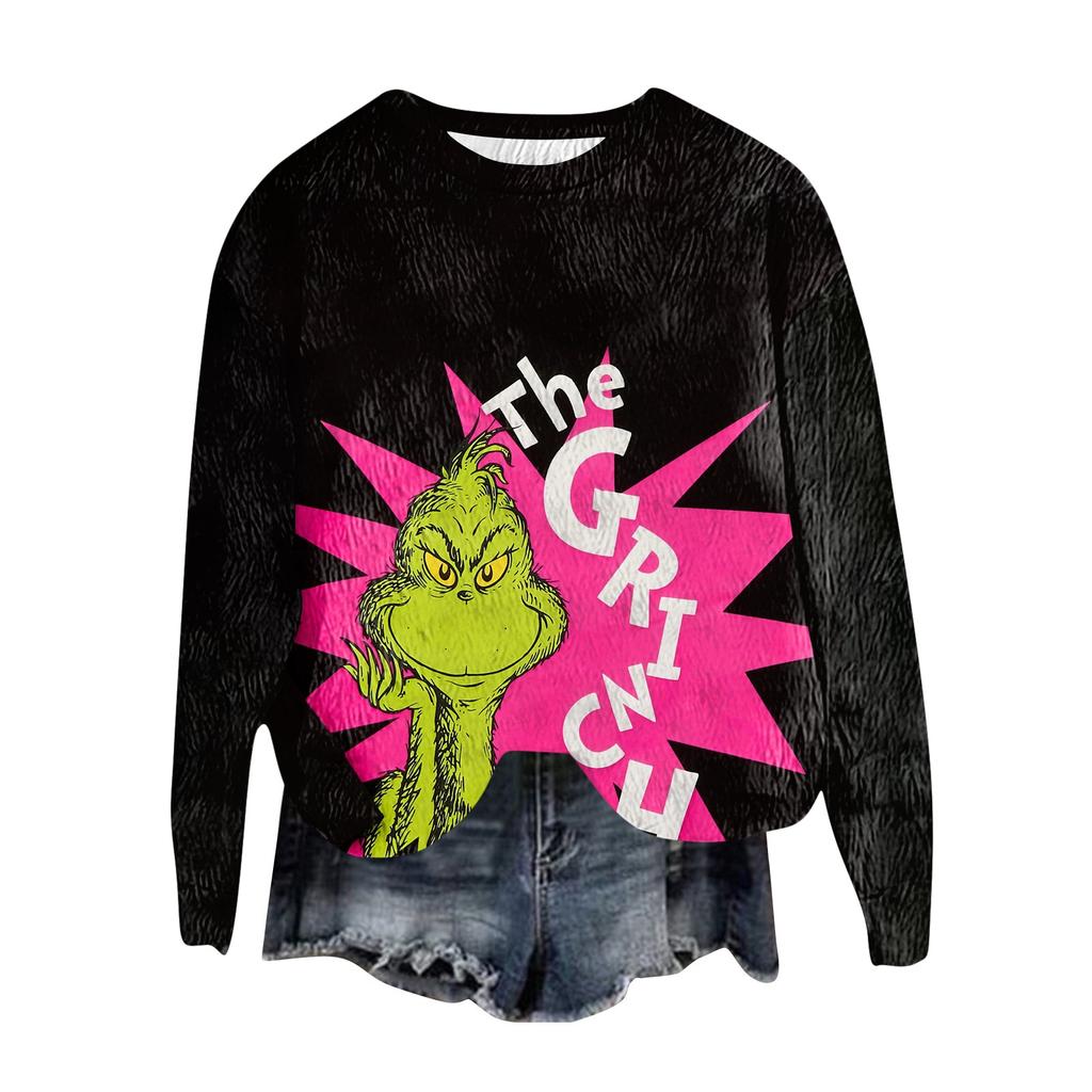 Women's Fashion Round Neck Pullover Top Long Sleeve Tee Christmas Printed Sweatshirt