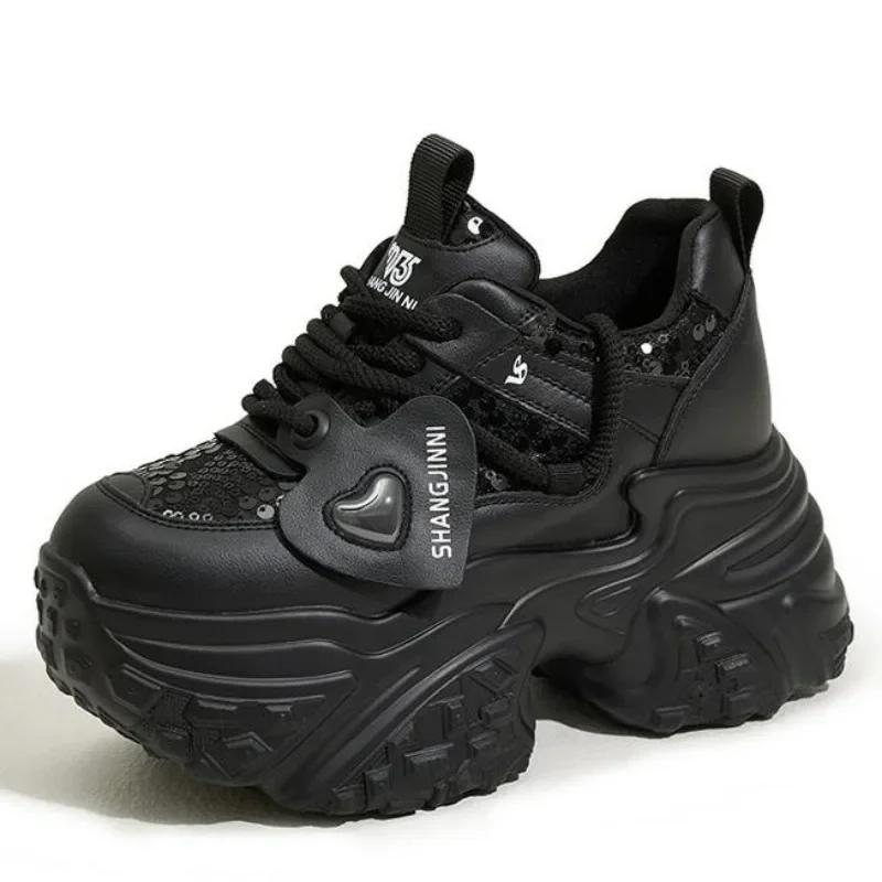 Fashion High quality 10cm new Synthetic Genuine Leather Spring Women Comfy Vulcanize High Brand Autumn Boots Bling Chunky Sneakers Shoes