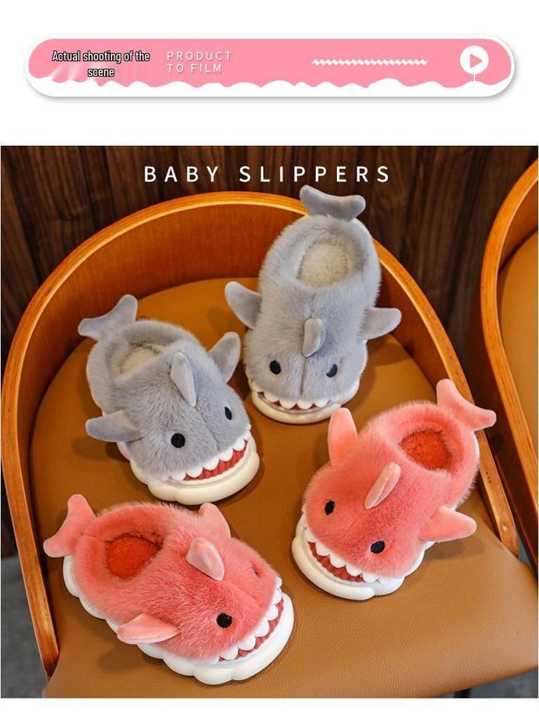 Children's Waterproof Shark Slippers – Non-Slip, Fur-Lined for Boys, Perfect for Autumn and Winter Indoors