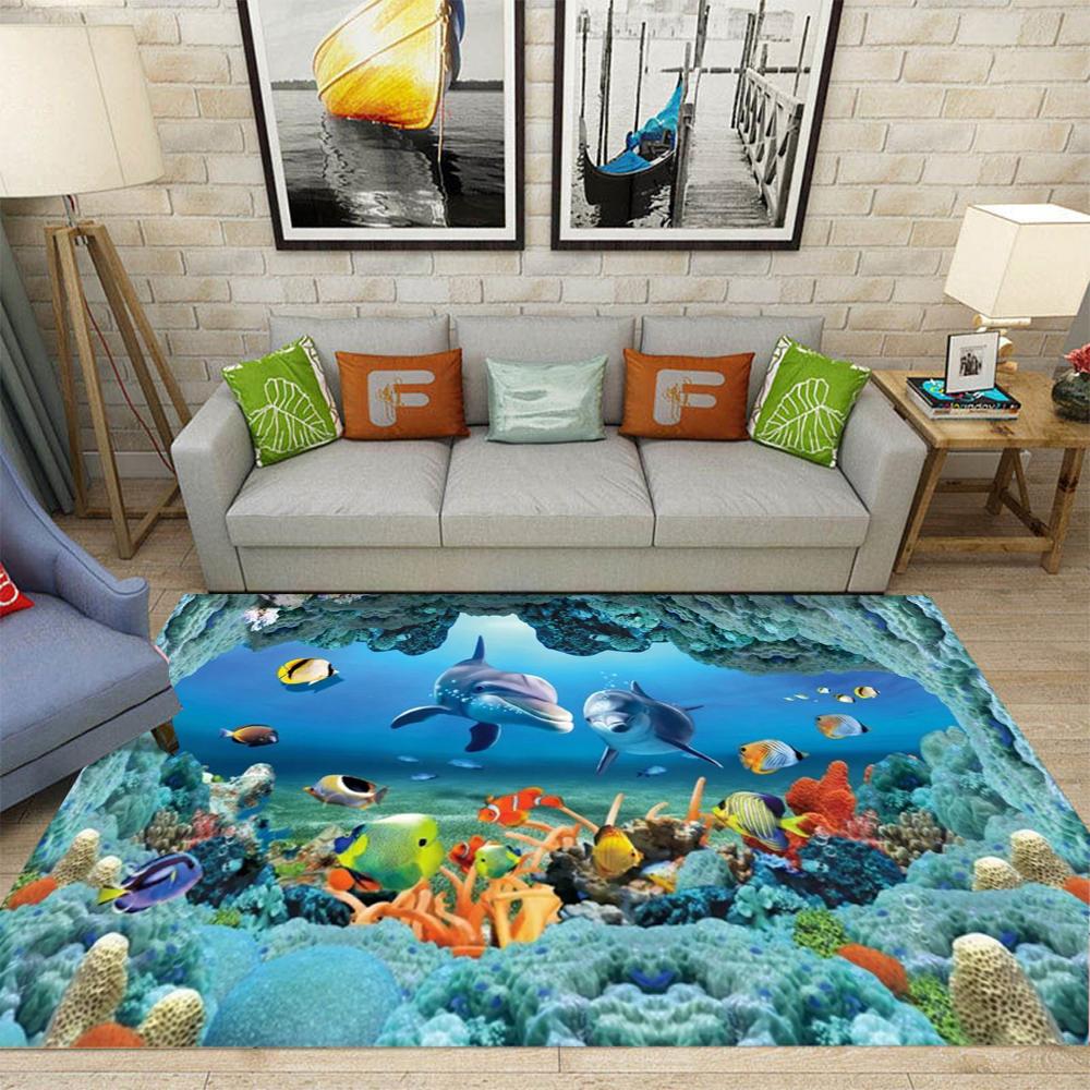 Large Sea Turtle Theme Area Rug Colorful Coral Reefs Tropical Fish Living Room Bedroom Marine Decor Carpet Home Decoration Mat