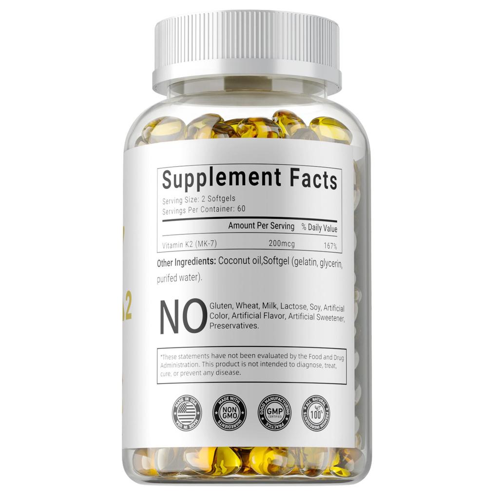 Vitamin K2 200 MCG with MK-7 for Bone and Arterial Health, Brain Health, Cardiovascular Health, Calcium Absorption