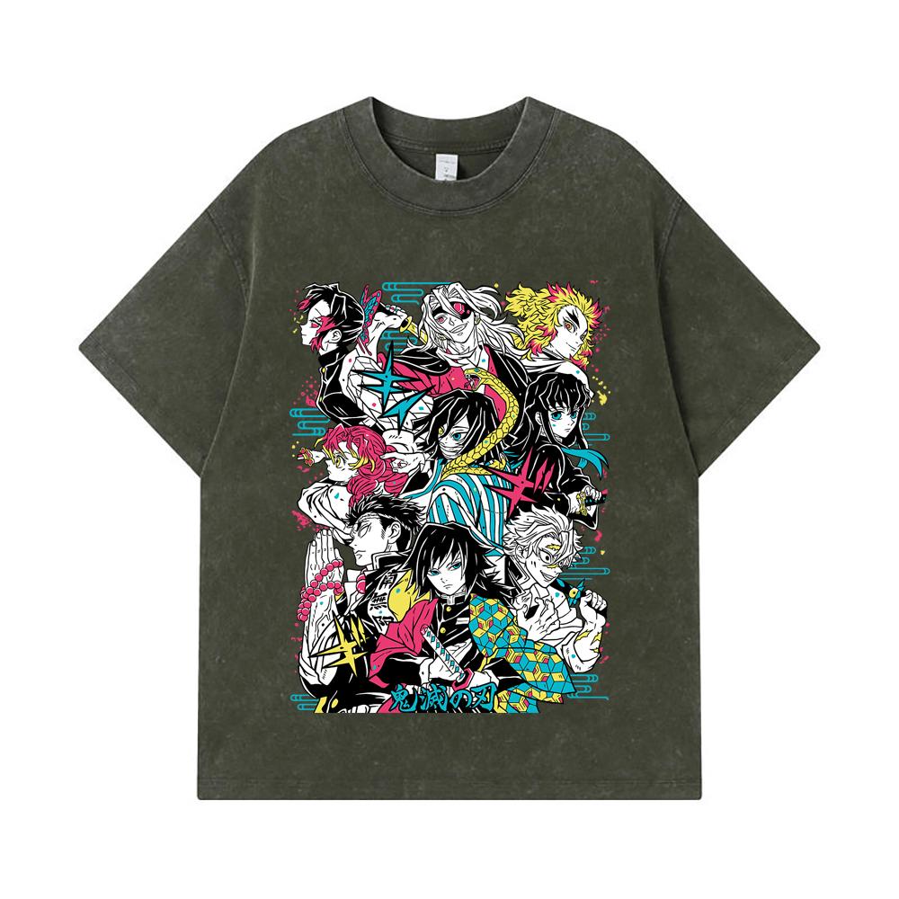 

275 GSM Washed T-shirts 100% Cotton Demon Slayer V2 Hashiras Print Unisex Heavy Cotton T Shirt S армия зеленый