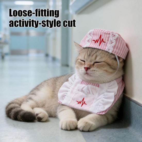 1 Set Cute Pet Nurse Costume Pink White Stripes Nurse Cap And Pet Bib Adjustable Embroideried Hat for Cats And Small Dogs Cosplay Dress Up Accessory