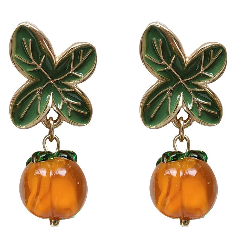 Korean Style Persimmon Lucky Pastoral Glass Cherry Clip Earrings Summer Fruit Orange Clip Earrings No Piercing Girl Ear Jewelry