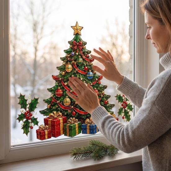 Holiday Home Ornaments Christmas Window Clings, Removable PVC Decals, Snowy Festive Glass Clings Stickers for Party And Store Decorations Easy