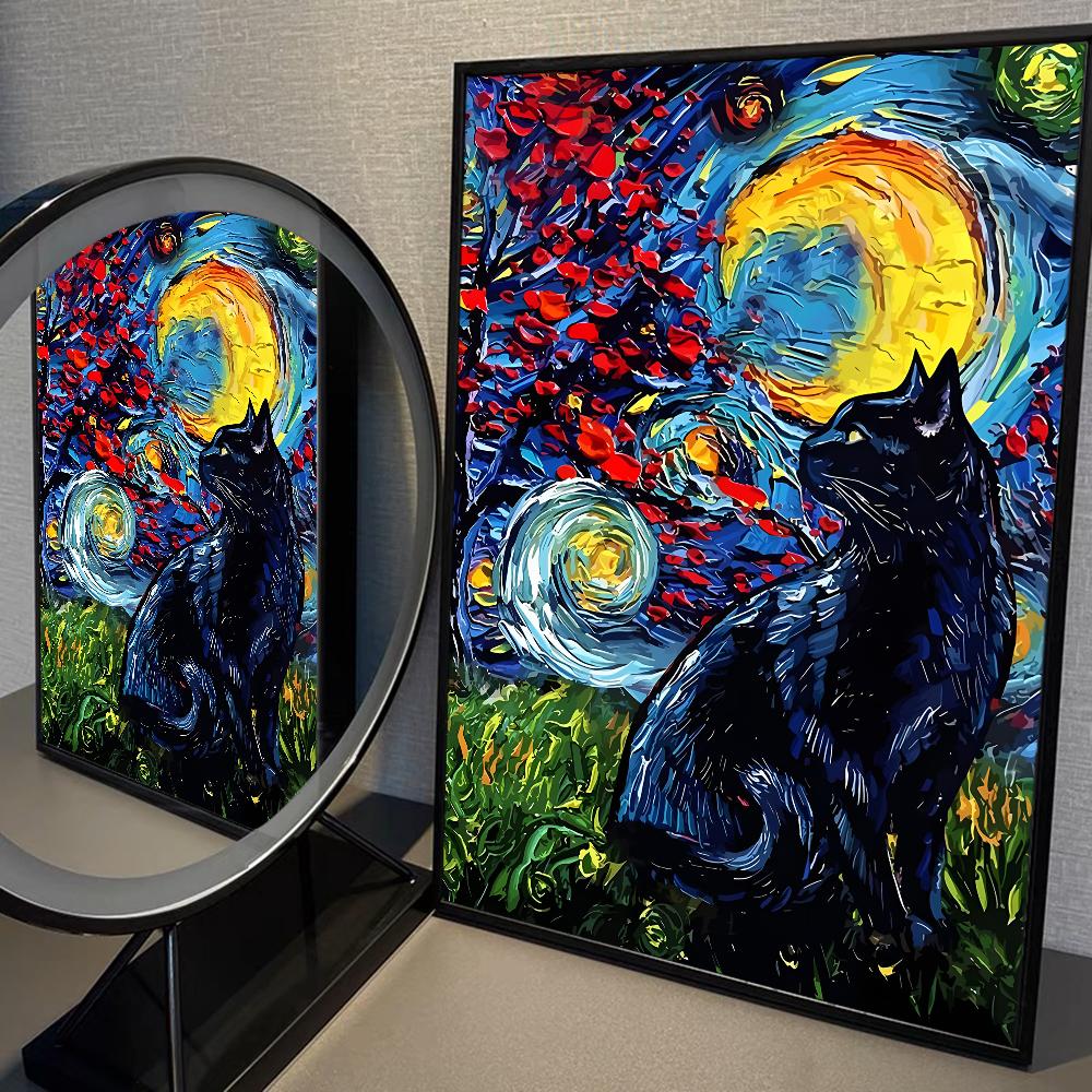 Van Gogh The Starry Night Romantic Black Cat WhitePaper Poster Sticker for Living Room Bar Decorants Aesthetic Art Wall Painting