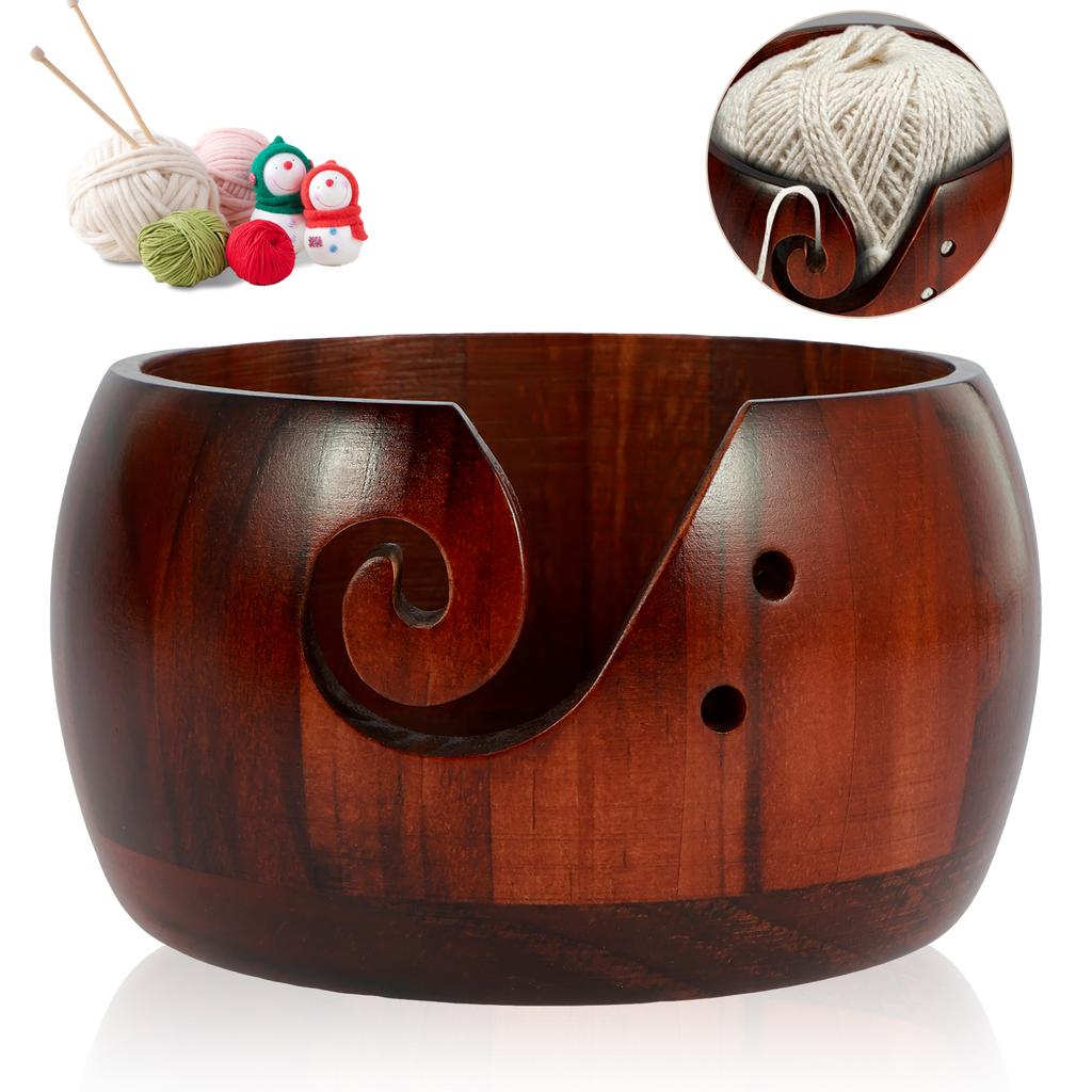 Wooden Yarn Bowl Round Crochet Bowl Holder with Holes Pine Knitting Yarn Bowls Wooden Weaving Thread Bowl with Lid Portable