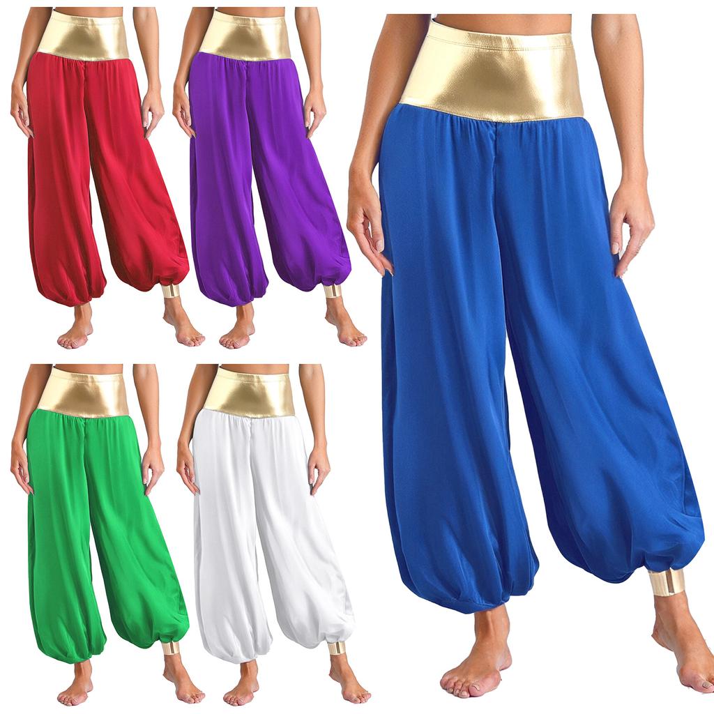 Womens Hippie Harem Pants Magical Lantern Style Metallic Shiny Patchwork Design Arabian Princess Costume