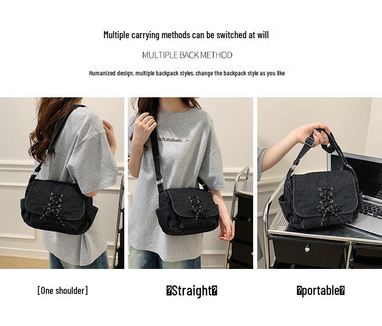 Korean Style Denim One-Shoulder Bag with Drawstring, Large Capacity Crossbody for School and Travel