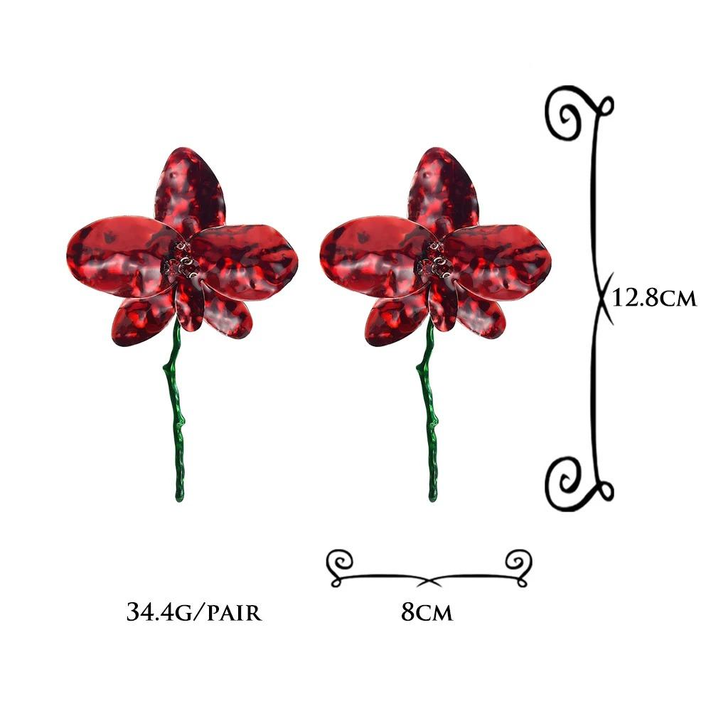 Enamel Design Red Flower Earrings Big Flower Fairy Earrings Vintage Jewelry Accessories  Women
