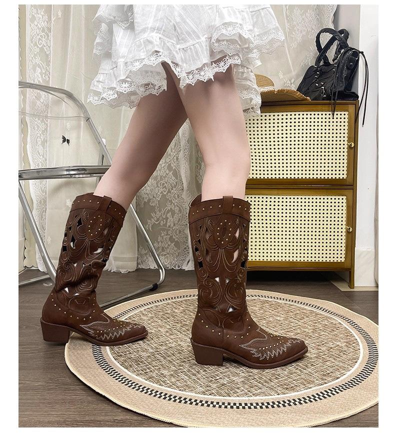 Retro pointed versatile hollow thick-soled western boots women's embroidery slim long cowboy boots thick heel high tube Martin boots
