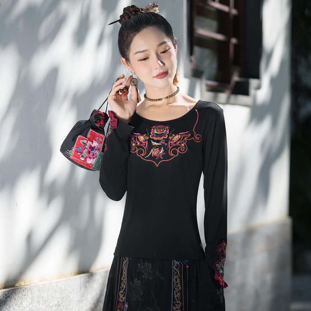 

Women s Slimming Ethnic Embroidered Ruffle T-shirt Large