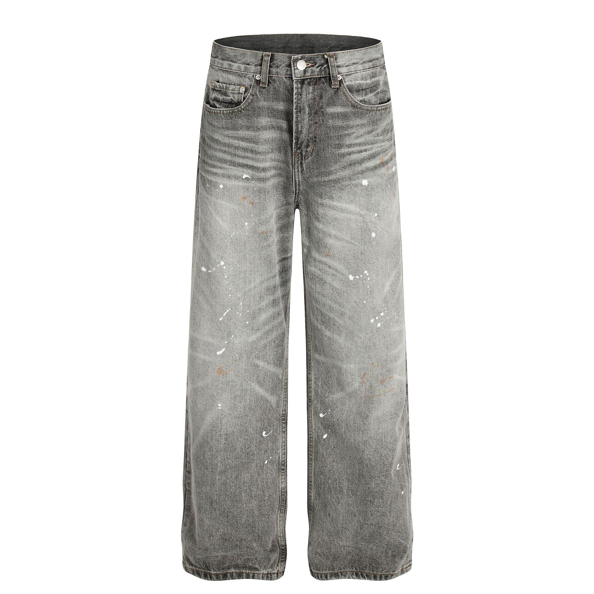 Autumn American retro washed dirty dyed jeans personalized inkjet design straight pants S