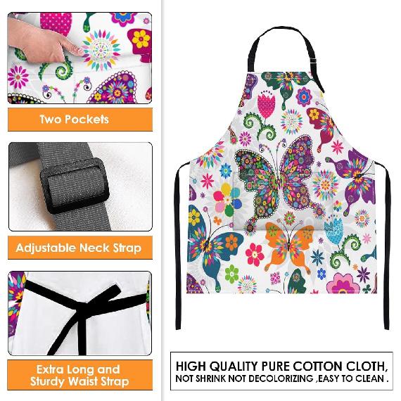 Britimes Butterfly Apron Floral Colorful Butterflies Flowers Aprons Kitchen Cooking Gardening for Women With Pockets