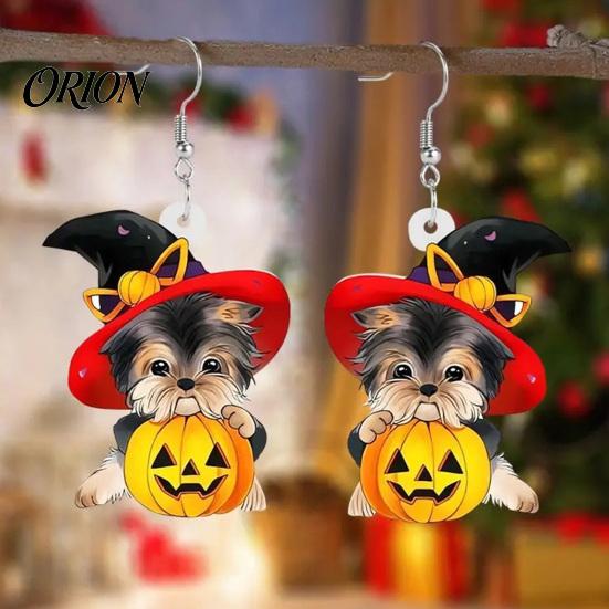 Stylish Pet Lover Accessories Witch Hat Puppy Earrings, Cute Dog Pumpkin Drop Distinctive Halloween Theme Jewelry Lightweight Acrylic Jewelry,