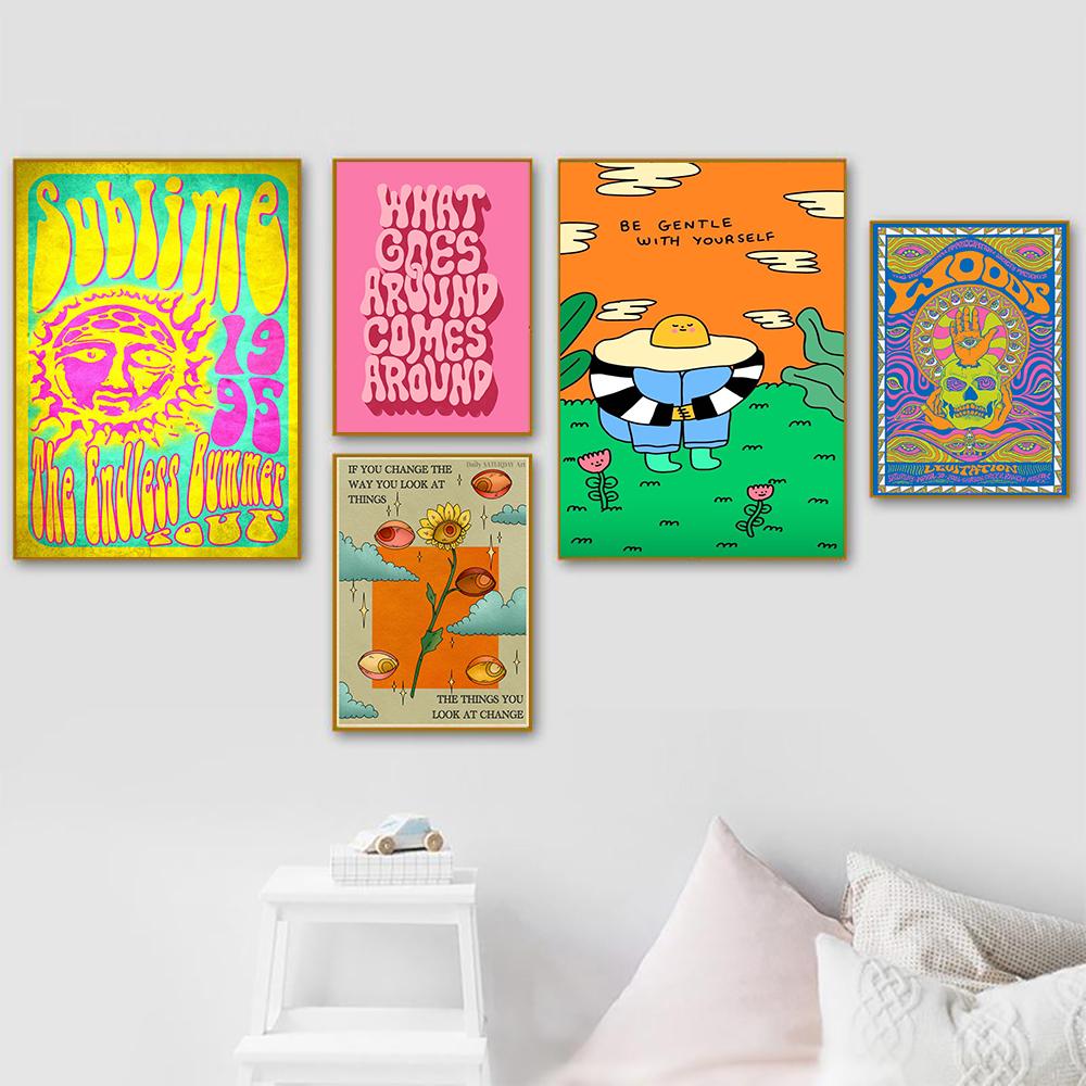 Vintage Print Artwork Hippie Your Self Quote Wall Art Canvas Painting 70s Retro Color Poster Girly Bed Room Home Decor Pictures