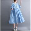 Long Dress Women Linen Large Size Loose Summer Solid Color Short-sleeved Dress Knee-length Thin Large Swing Dress