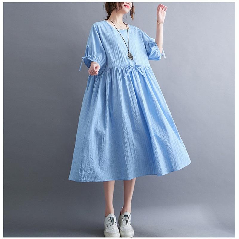 Long Dress Women Linen Large Size Loose Summer Solid Color Short-sleeved Dress Knee-length Thin Large Swing Dress