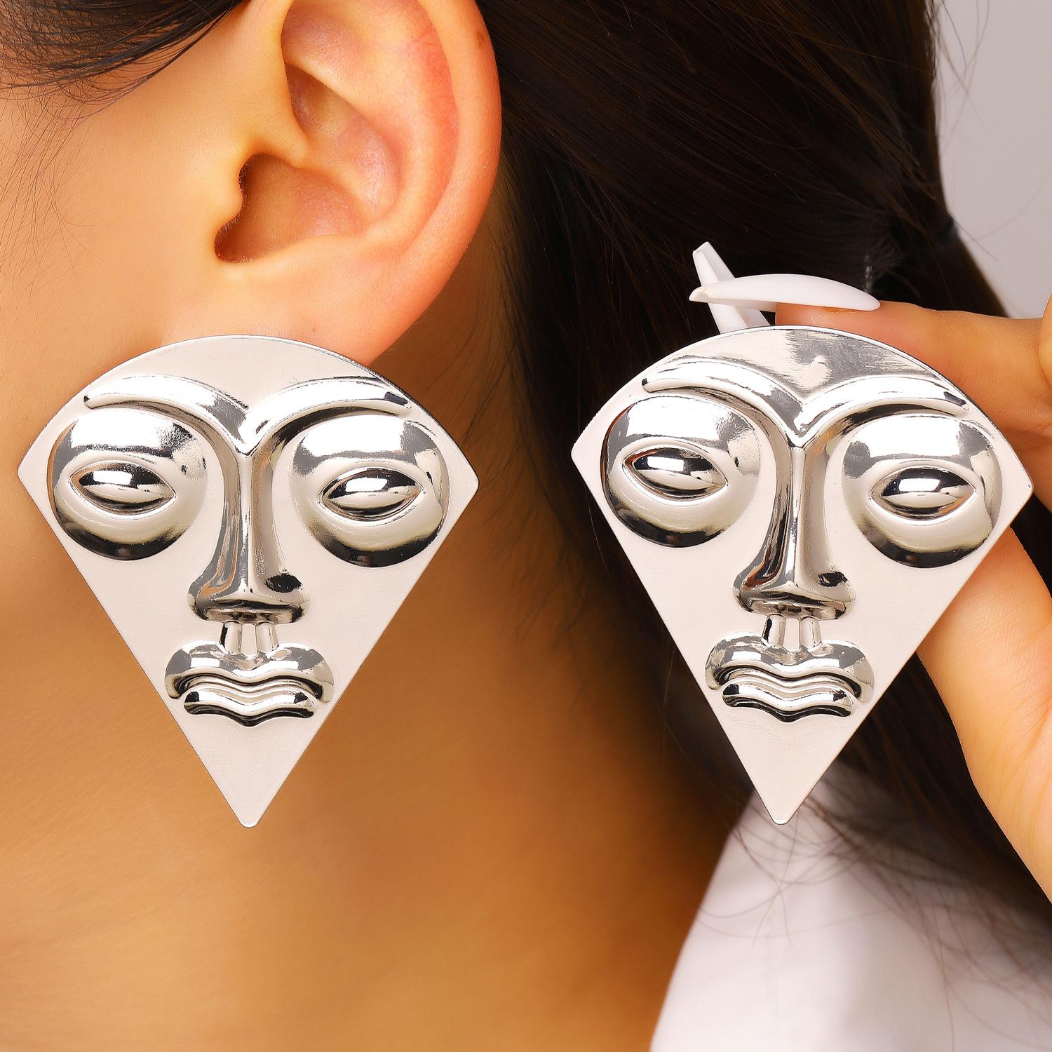 Abstract Face Statement Earrings Bold Geometric Tribal Inspired Jewelry