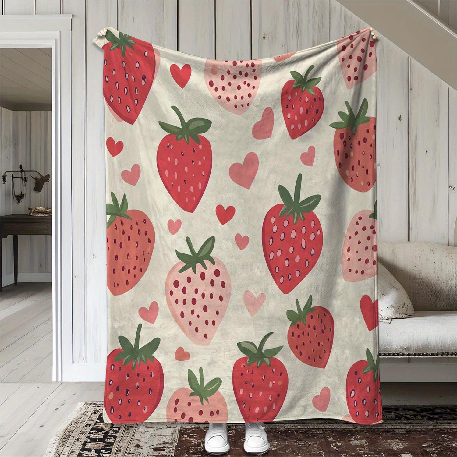

1pc Vintage Strawberry and Heart Print Blanket Polyester Fabric Machine Washable Suitable for Bedroom Living Room Decoration 75x100cm