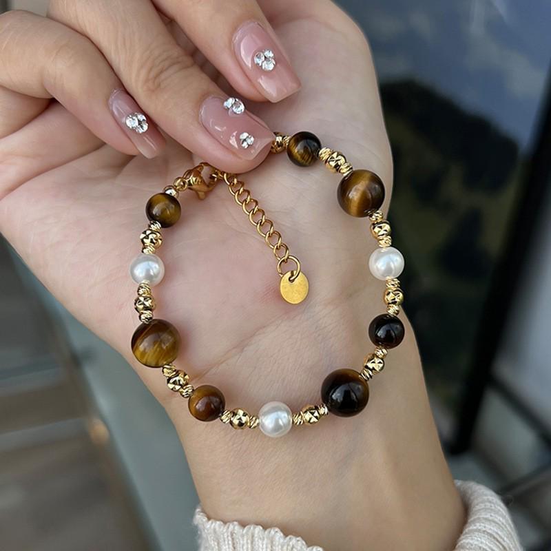 French Maillard Tiger Eye Pearl Beaded Bracelet for Women – Retro Light Luxury Fashion Hand Jewelry