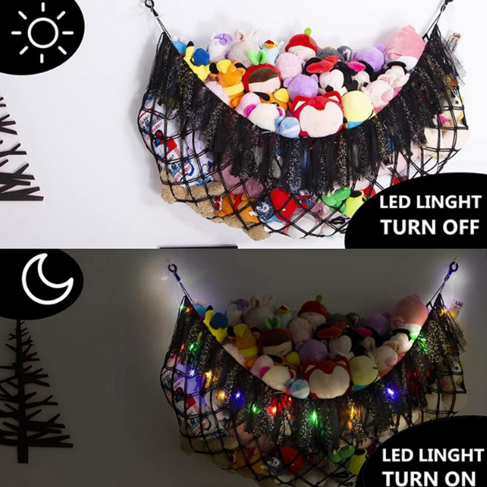 Rete Imbottita Rete Imbottita Amaca portaoggetti Capacità Rete portaoggetti da parete per giocattoli con Luci a filo Design con nappe Stanza dei giochi per peluche