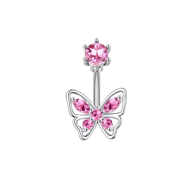 Pink Heart Butterfly Belly Button Ring For Women Girls Cute Stainless Steel Zircon Navel Ring Body Piercing Jewelry Gift