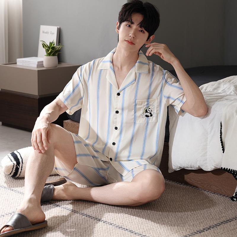 Ice silk pajamas men's summer 1011 new short-sleeved black high-end simulation silk summer loungewear set