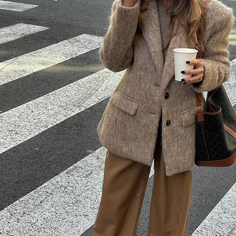 Women's Fashion Lapel Mid-length Suit Coat Autumn Casual Commuting Warm Jacket Elegant Long Sleeve Loose Blazer Coat