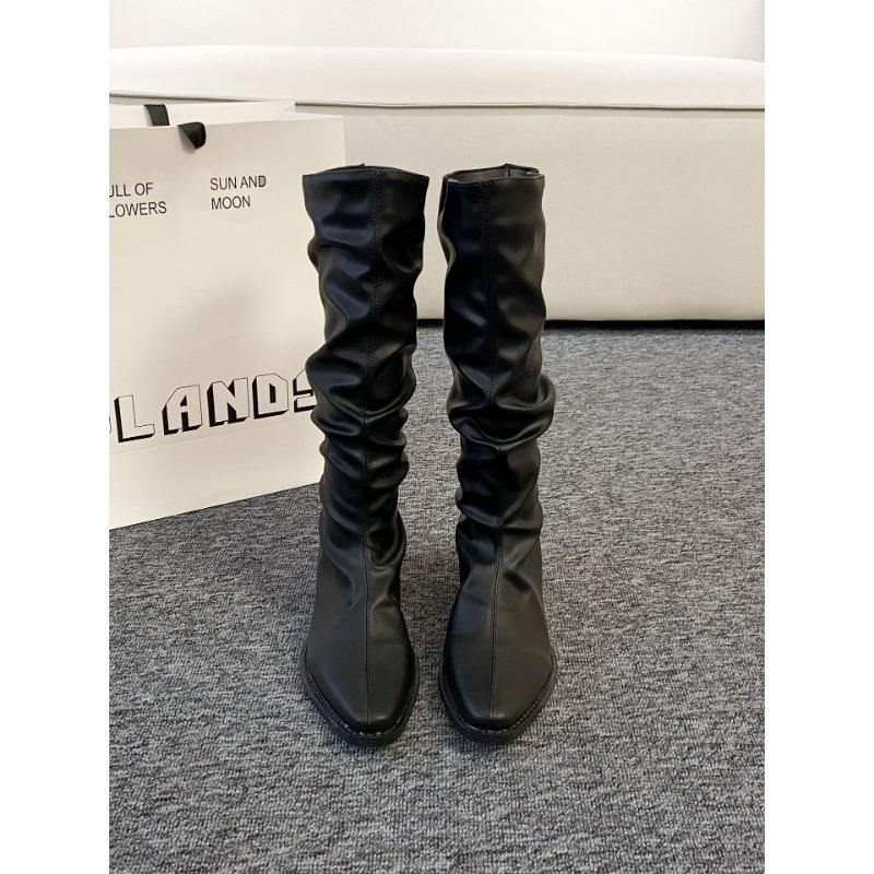 Thick Heel Pleated Stack Long Tube Knight Boots Women's Shoes New Spring and Autumn Western Thin Medium Tube Long Boots