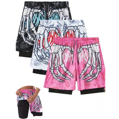 Men's Gradient Skull Print Double-layer Shorts with Drawstring and Pockets