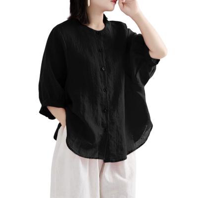 Ladies Sleeve Round Cotton Loose Balloon Body Adult [AUSKY] Shirt, 5/8 Blouse, Neck, Linen, Thin, Fit, Sleeves, Retro, Buttoned, Plain, Cute,