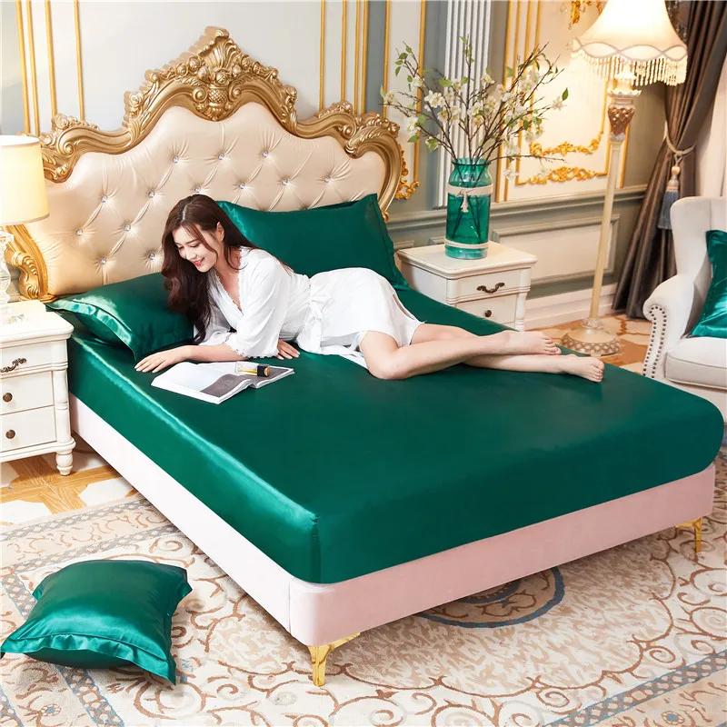Luxury Pure Satin Queen Bed Sheet Set High End Silky Home Bed Sheets Pillow Cover Single Double Fitted Sheet with Elastic Band