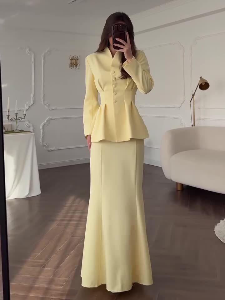 2025 Spring Elegant Retro Women's Solid Color Long Sleeve Top and Skirt Set