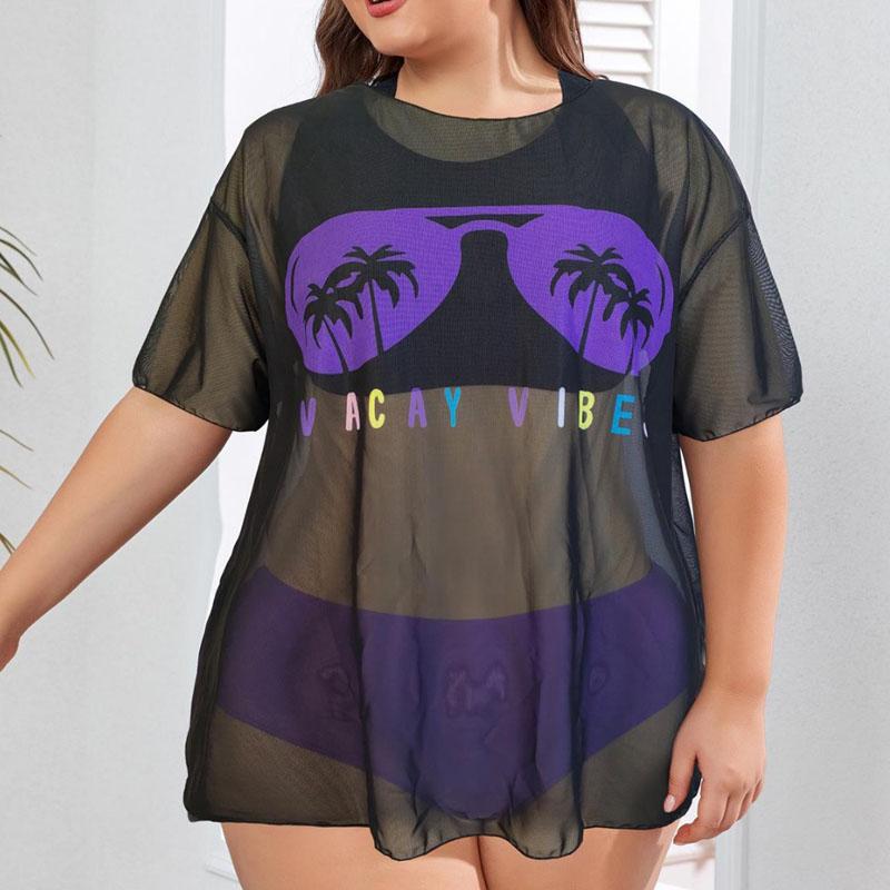 Women's Plus Size Swimsuit Outdoor Beach Bikini Set Printed Mesh Bikini Cover Up Three Piece Set For Women