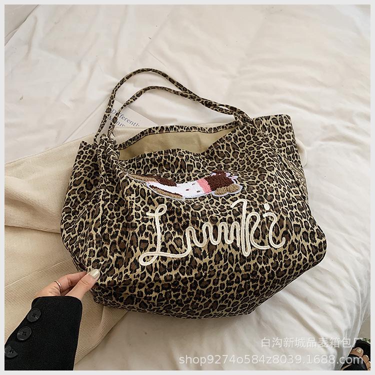

2025 нова парусинова сумка з леопардовим принтом, мила вишита собачка, студентська сумка для занять, повсякденна велика містка сумка-тоут на плече леопард друку кольору