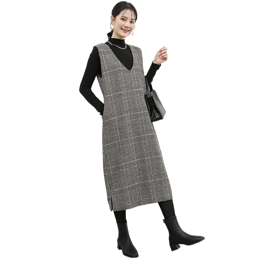 

[SINGLE MANY] Women s Checkered Jumper Skirt with Vest, Long Length, Stylish, Flattering, Casual, All Seasons, Size L