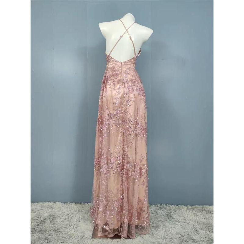 Export Single Sling Heavy Industry Shimmering Powder Sequins V Neck Classy Annual Meeting Host Banquet Birthday Party Evening Long Dress