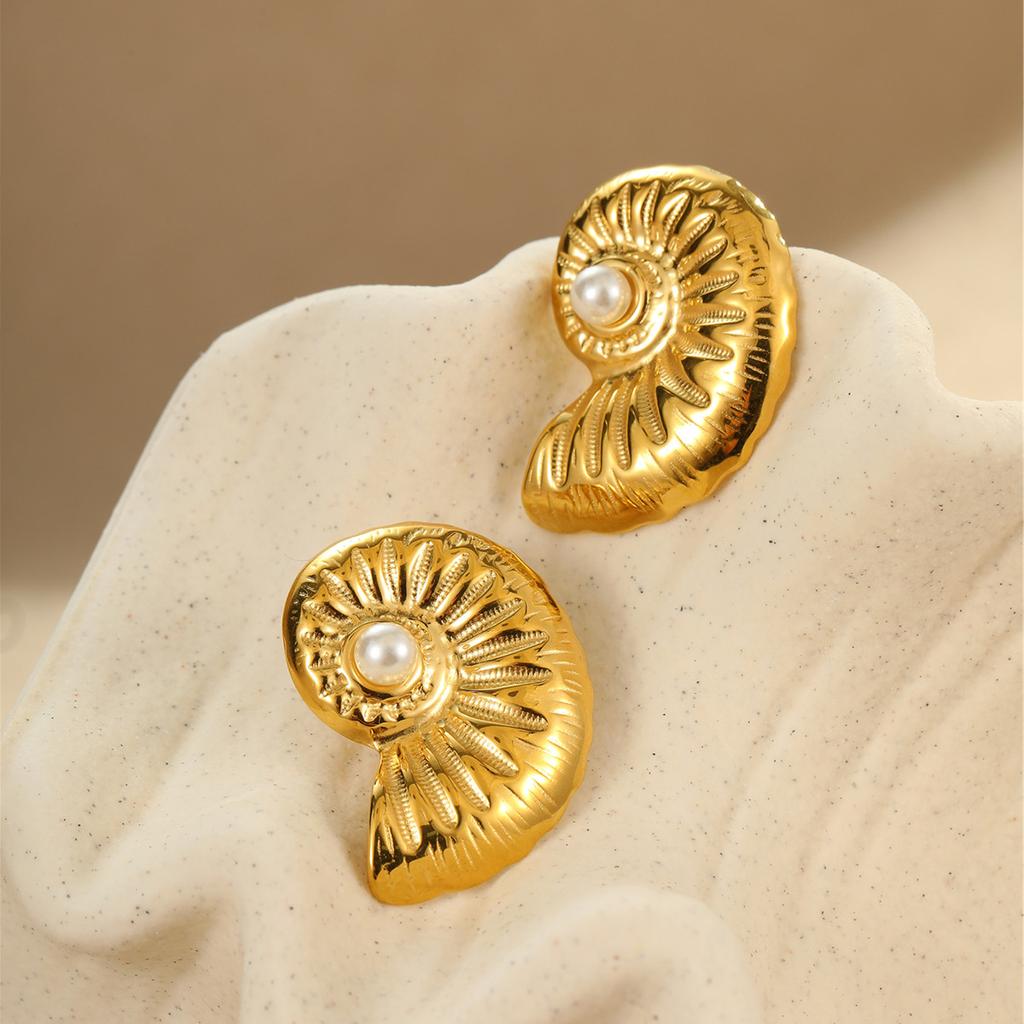 GEMCHIC Women's Gold Shell Earrings Vintage Pearl Studs Beach Vacation Jewelry Stainless Steel Statement Accessories