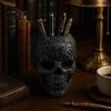 Artistic Resin Figurine Halloween Skull Makeup Brush Holder, Matte Black Gothic Skeleton Pen Organizer Spooky Home Decorations for Desk, Storage