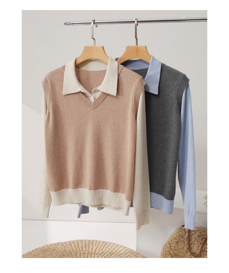 Fake Two Polo Collar Long-Sleeved Knitted Sweaters for Women