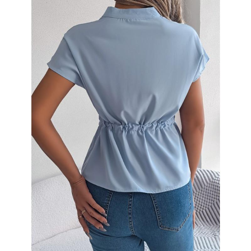 Women Light Blue Stand Collar Batwing Sleeve Tie Waist Button Down Blouse