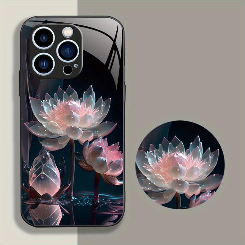Luxury Snow Lotus Pattern Tempered Glass Material Phone Case For Samsung Galaxy S25 S24 S23 Ultra Plus FE Shockproof Cover