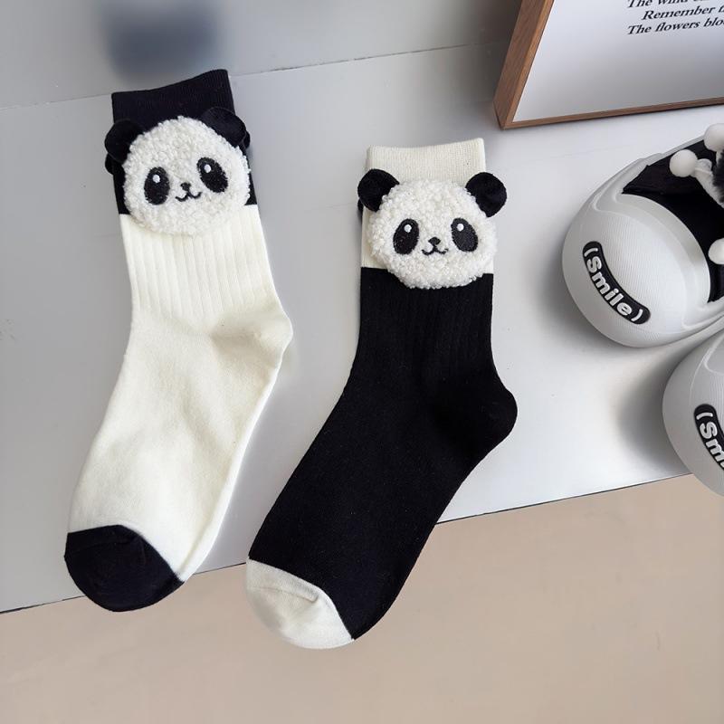 European Niche Socks, Black And White Color-Blocked Cow Three-Dimensional Panda Trend Sports, Wear Pure Cotton Mid-Leg Socks