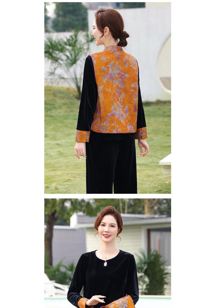 Elegant Mother's Day Spring Outfit: Middle-Aged Gold Velvet Two-Piece Set with Inner Top and Vest.