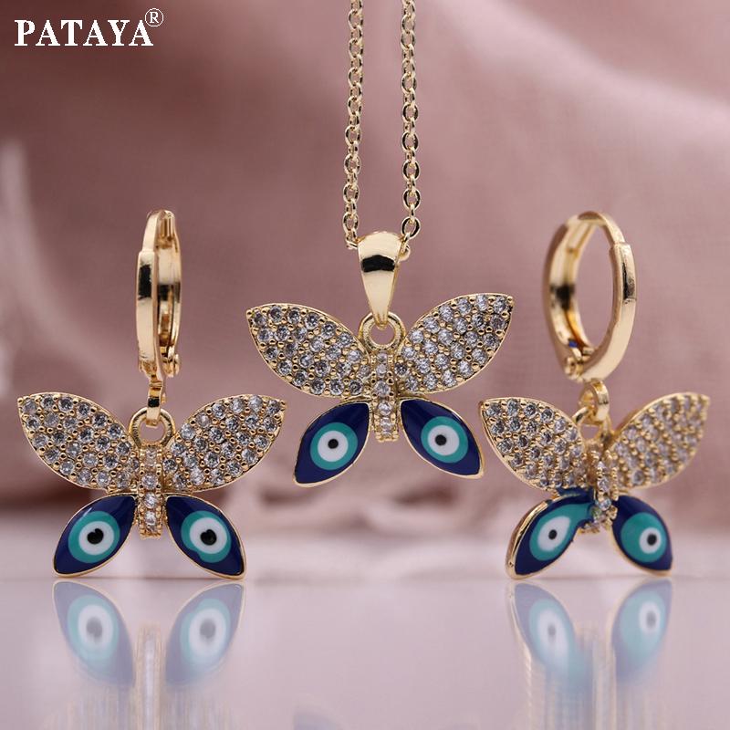 PATAYA Butterfly Style Angel Eyes Artificial Zircon Earring Necklace Combination Set