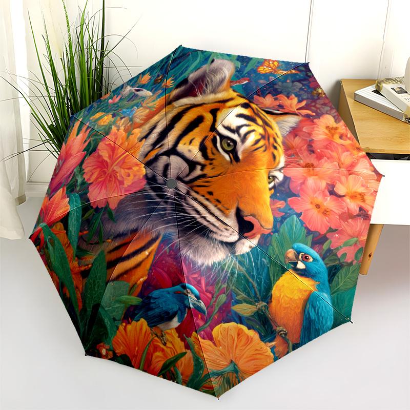 Tiger Parrot Pattern, Automatic Folding Umbrella, Portable and Foldable Design, 8 Ribs, a Christmas or Birthday Gift.