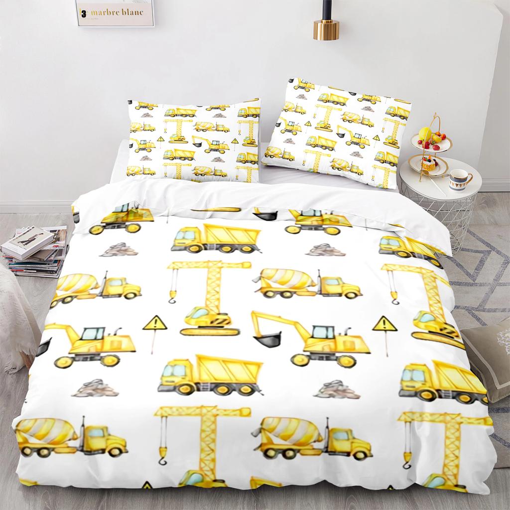 Cartoon Tractor King Queen Duvet Cover Watercolor Style Excavator Bedding Set For Kids Machinery Bulldozer Polyester Quilt Cover